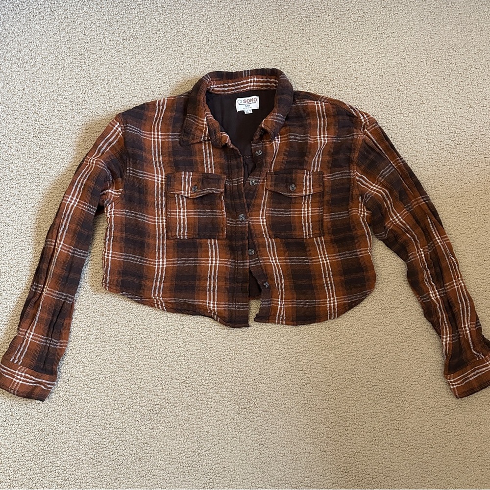 Brown Plaid Cropped 100% Cotton Flannel Shirt